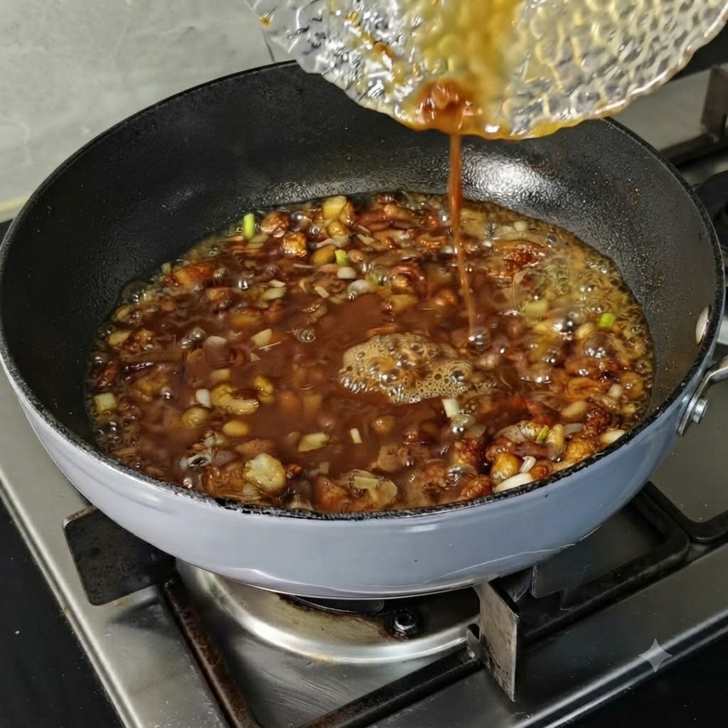 Acqua versata da una piccola ciotola trasparente in una salsa di carne ribollente in una padella.