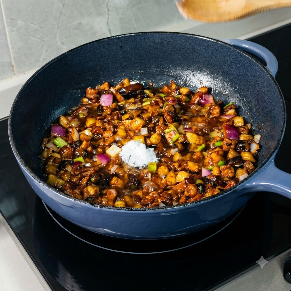 Un cucchiaio di zucchero bianco cristallino posizionato sopra una salsa scura che sobbolle in una padella.