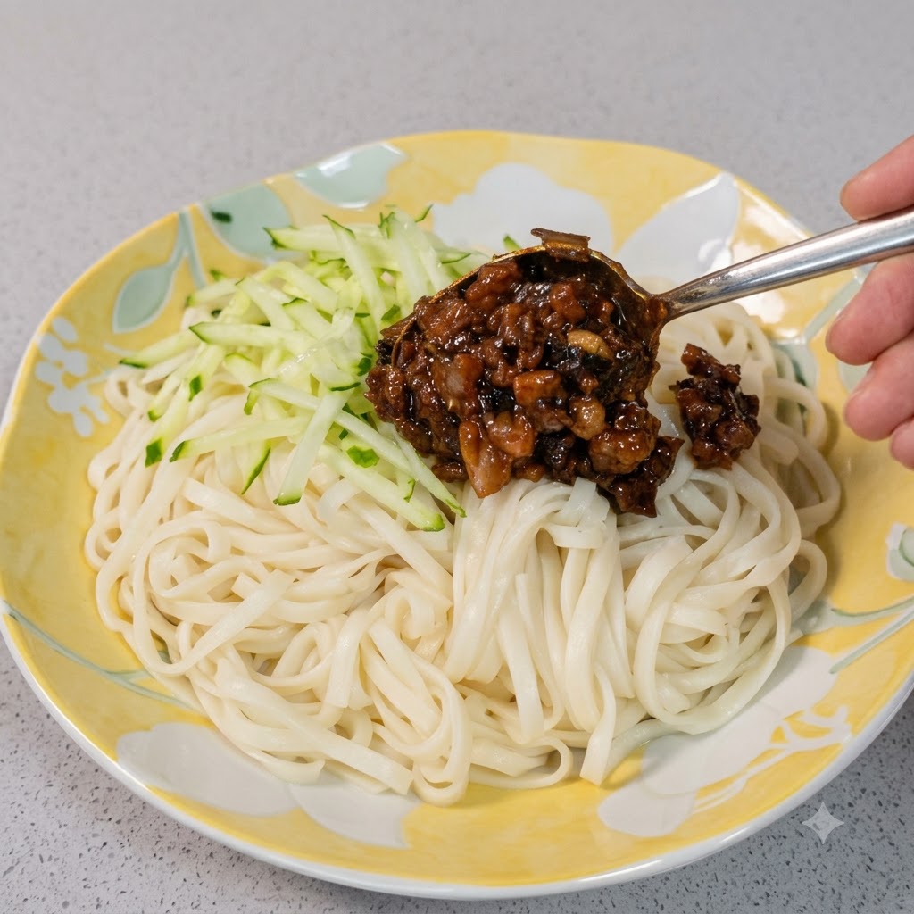 Un cucchiaio di metallo che raccoglie salsa di carne fritta scura e saporita sopra un piatto di noodles e cetriolo a julienne.