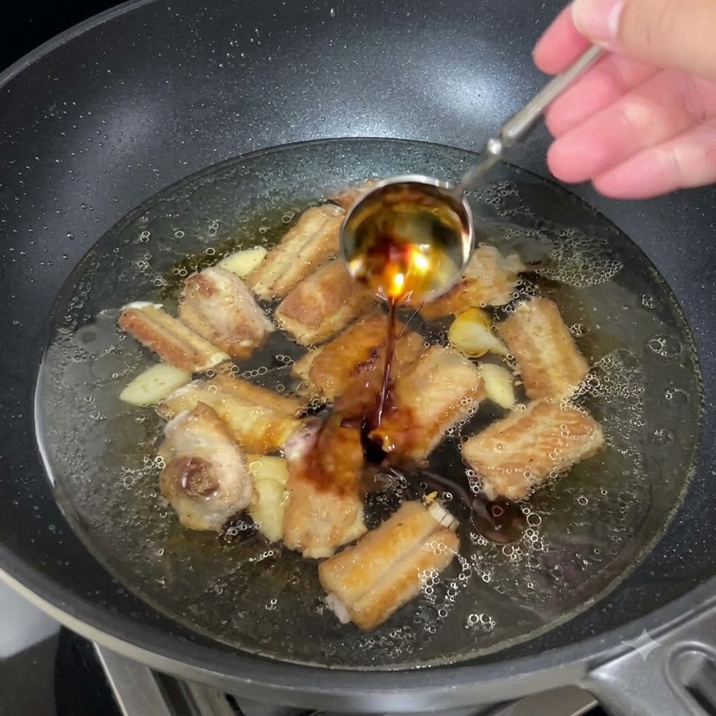 Un cucchiaio di aceto scuro invecchiato versato nella padella in ebollizione.
