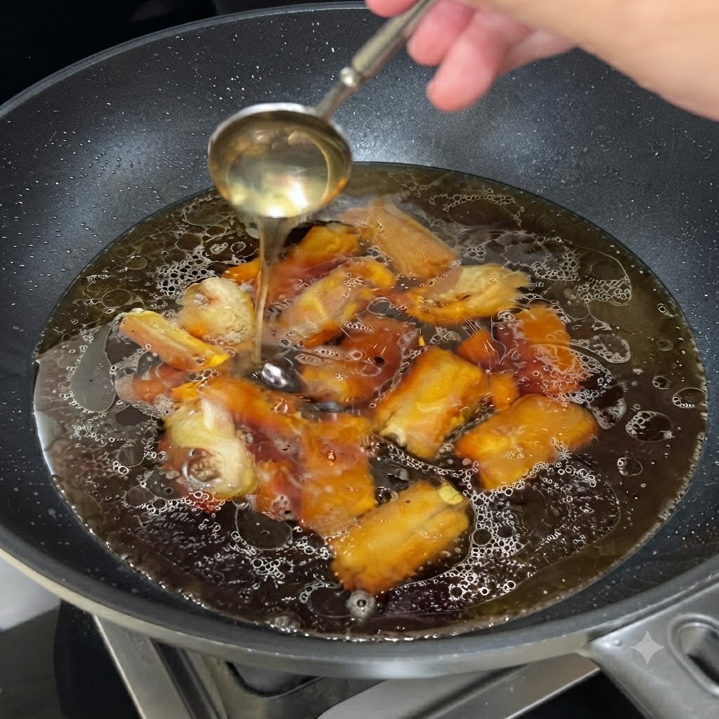 Un cucchiaio che versa il miele in un wok pieno di costine di maiale che sobbollono in un liquido scuro.