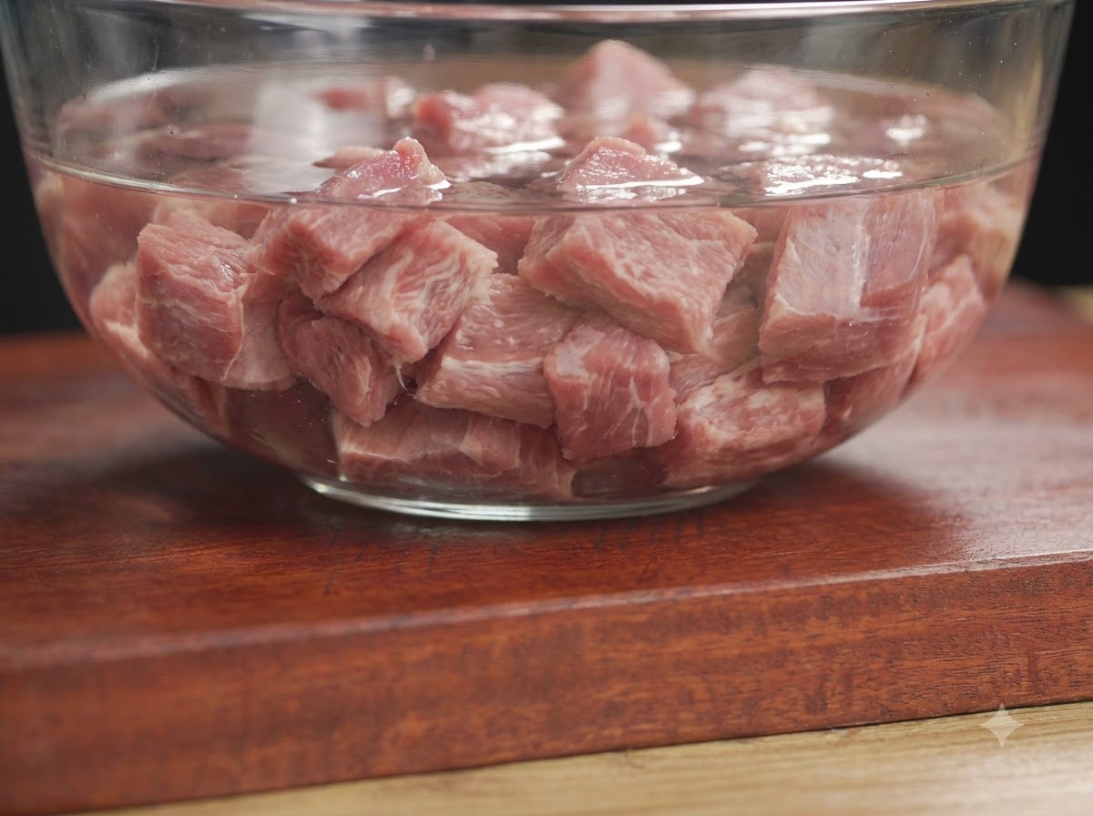 Costine di maiale fresche in ammollo in una ciotola di vetro trasparente con acqua pulita su un tagliere di legno.