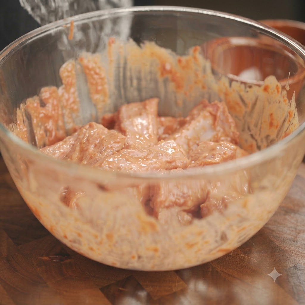 Un cucchiaio che aggiunge miscele di farina e amido in una ciotola di vetro contenente costine di maiale marinate.