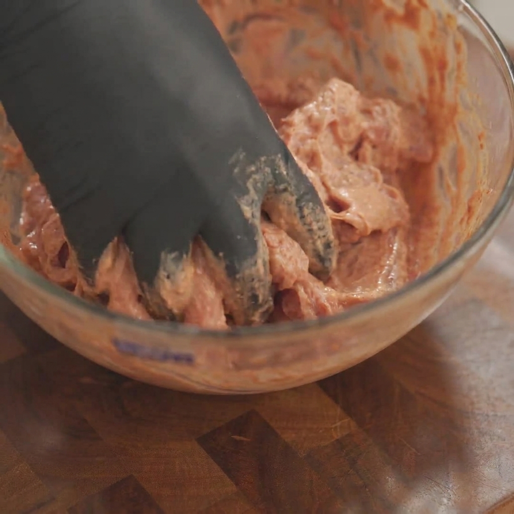 Le costine di maiale marinate vengono unite alla farina allinterno di una ciotola di vetro.