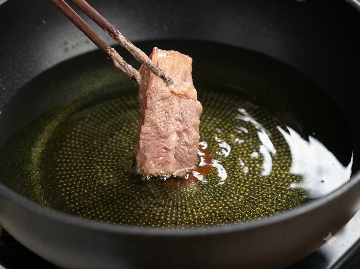 Un pezzo di costina di maiale infarinata che viene immerso nellolio caldo con le bacchette.