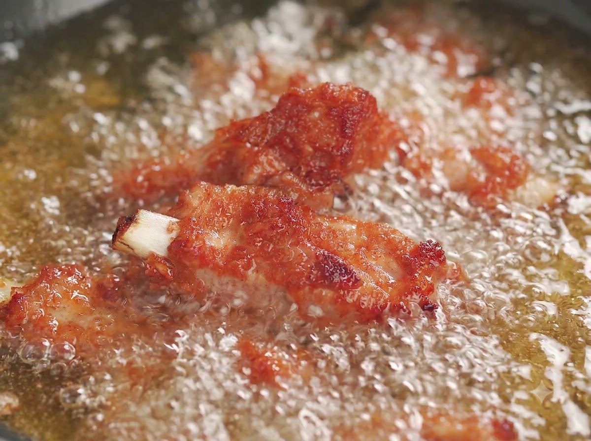 Costine di maiale fritte e croccanti sollevate dallolio caldo in una padella.