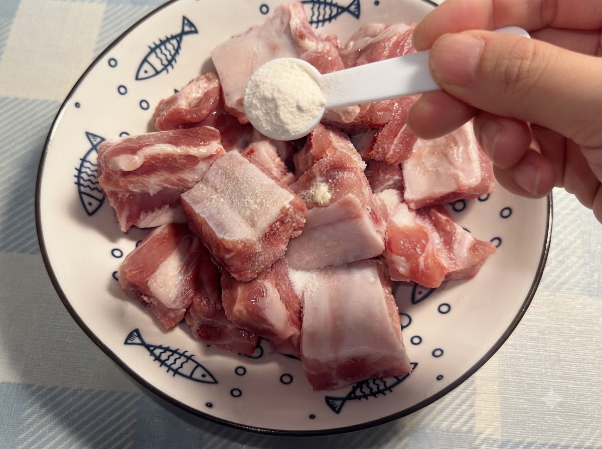 Pepe in polvere spolverizzato uniformemente sulle costine di maiale con un cucchiaino bianco tenuto da una mano.
