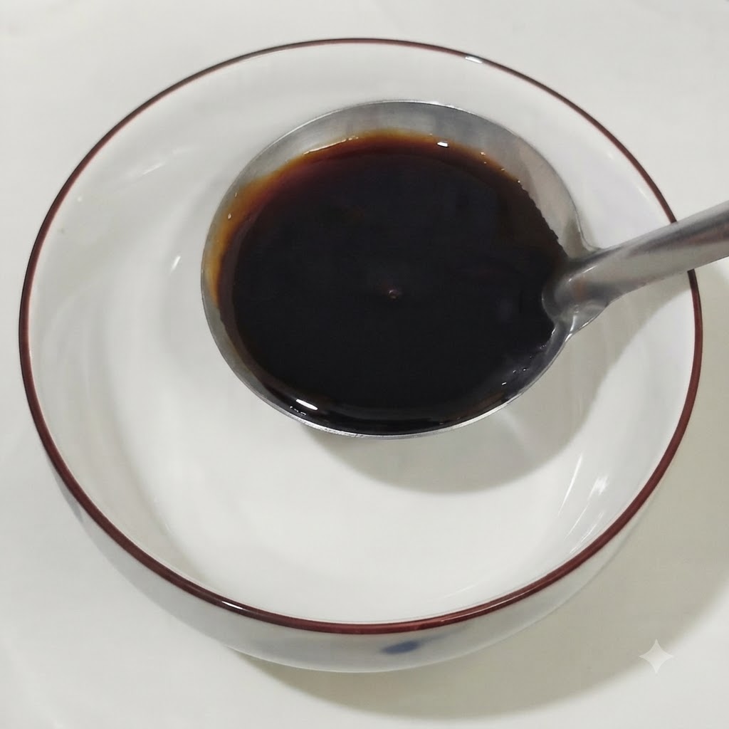Una ciotola contenente salse mescolate con salsa di soia chiara, salsa di ostriche, miele, vino da cucina, salsa di soia scura e ketchup usando un cucchiaio.