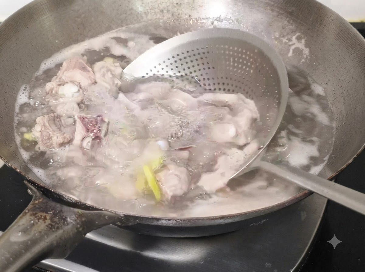Costine di maiale sbollentate tolte dallacqua bollente con un colino e risciacquate.