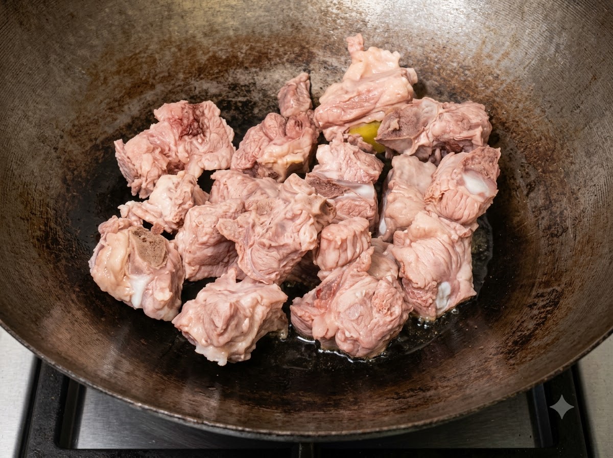 Costine di maiale rosolate in olio caldo dentro un wok finché la superficie diventa dorata.