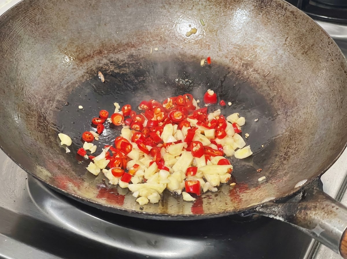 Peperoncini di miglio tritati e aglio saltati nel wok nellolio di base residuo.