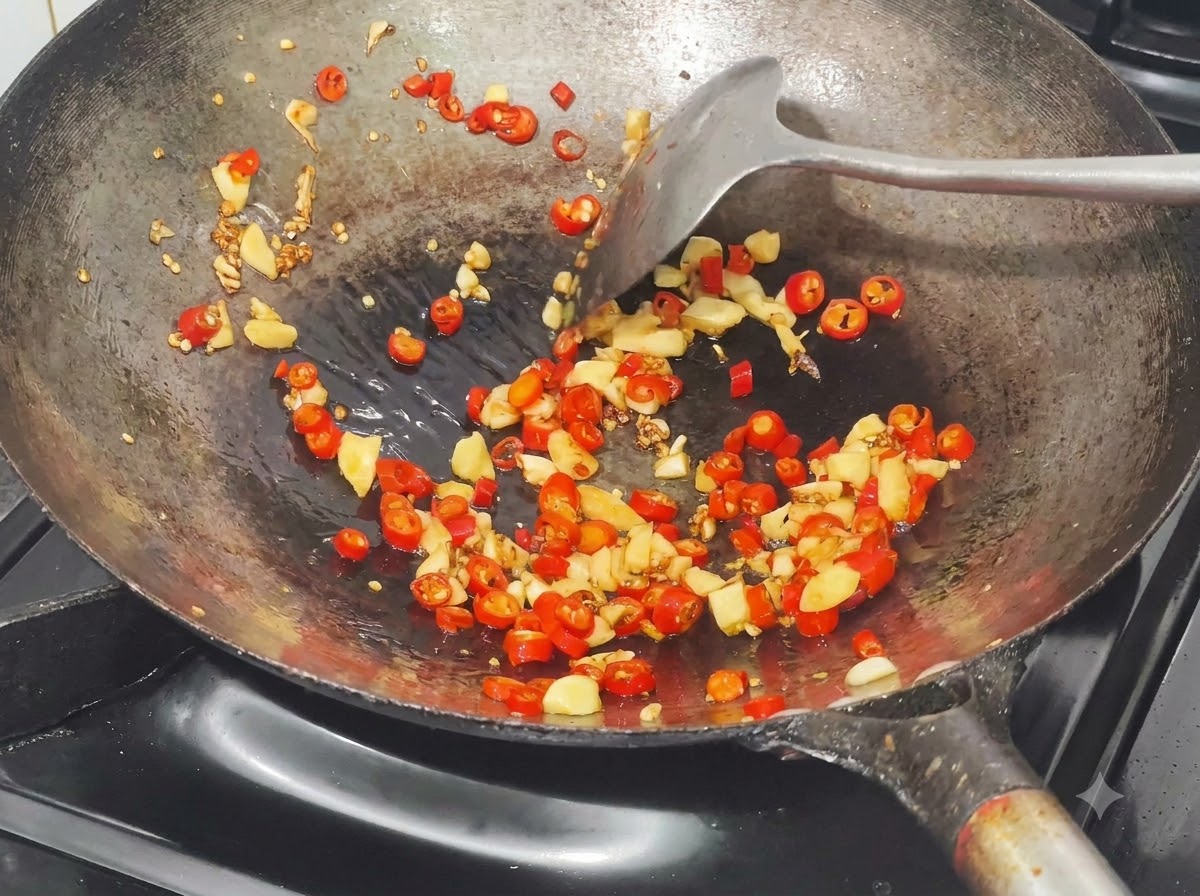 Miscela di salsa preparata versata nel wok con peperoncino e aglio fritti.