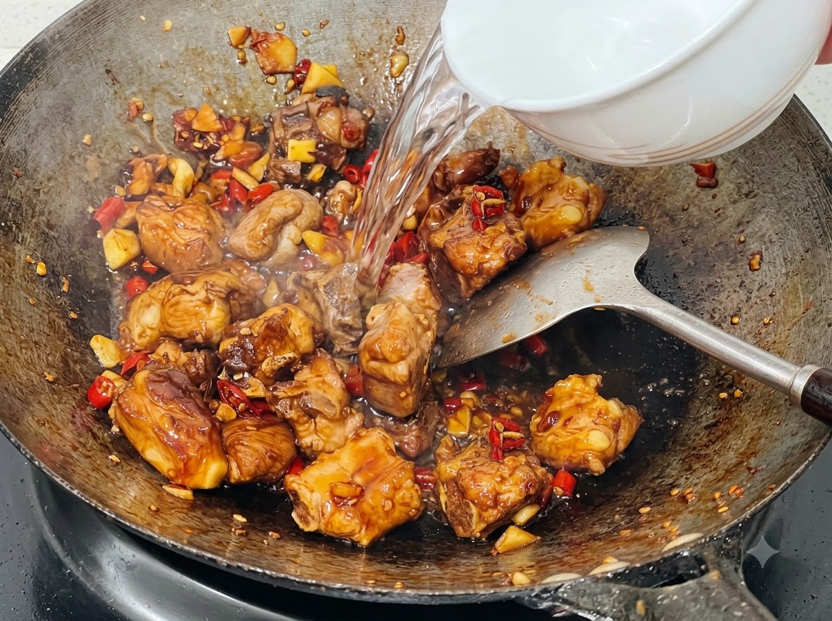 Acqua pulita versata da una ciotola bianca in un wok pieno di costine di maiale, salsa e peperoncini.