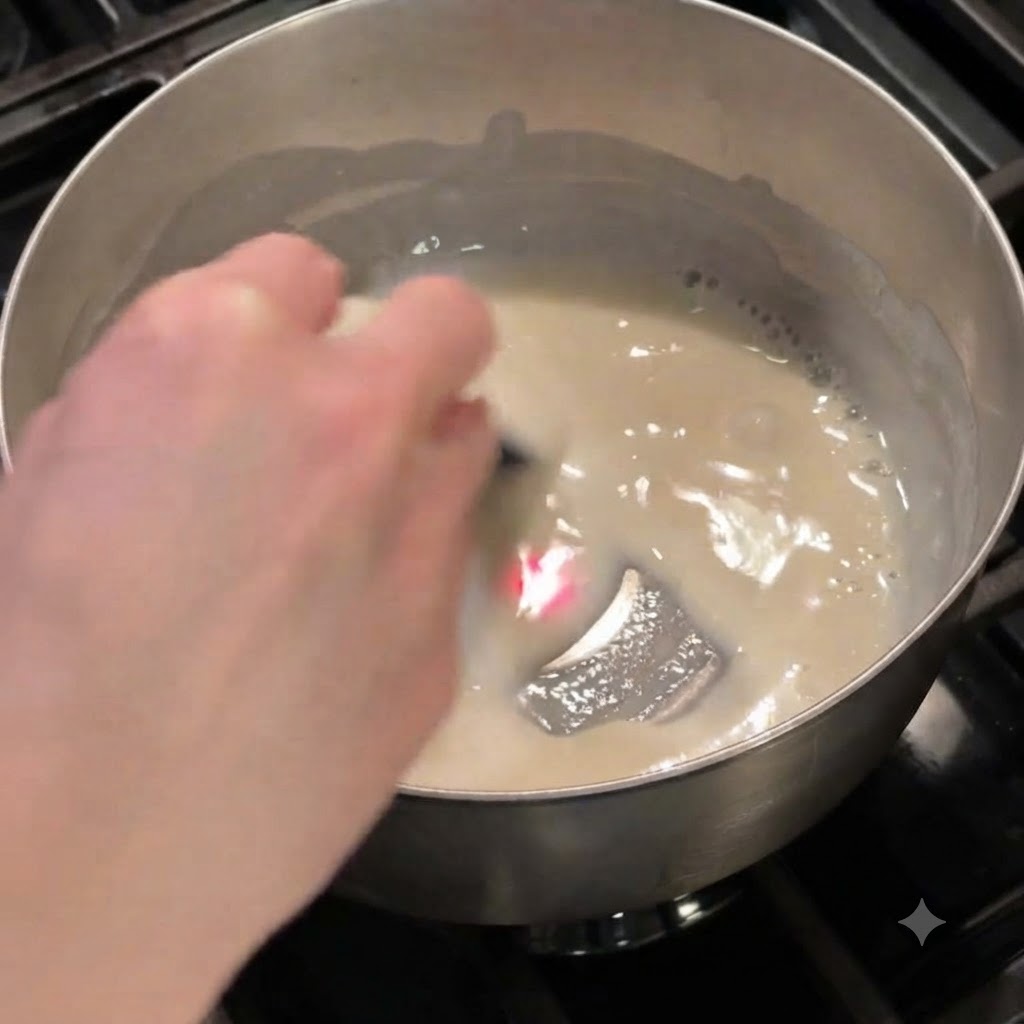 Base tangzhong mescolata con una frusta in un pentolino su un fornello fino a diventare liscia e densa.