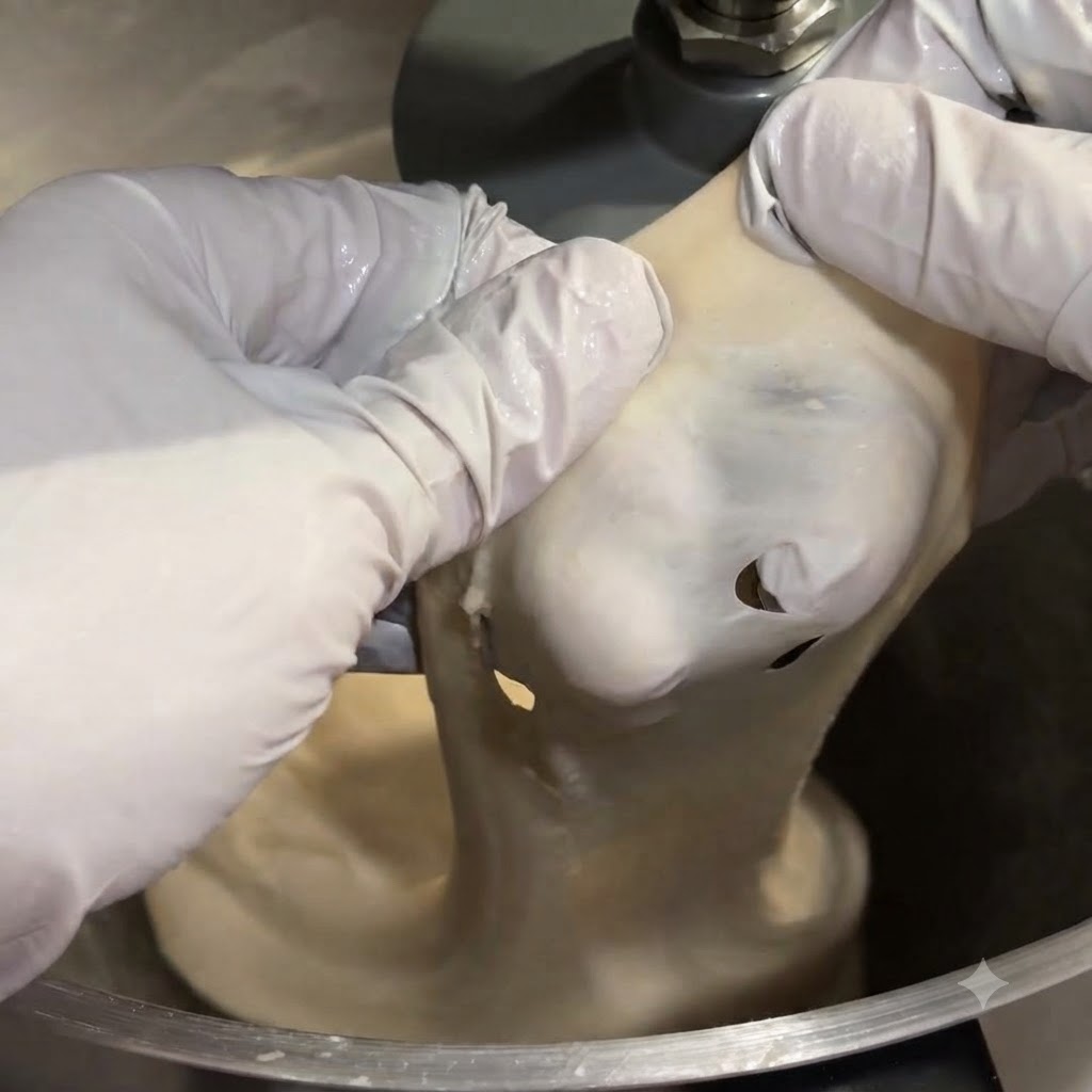 Mani con guanti bianchi che allungano un pezzo di pasta liscia per dimostrare lelasticità del glutine.