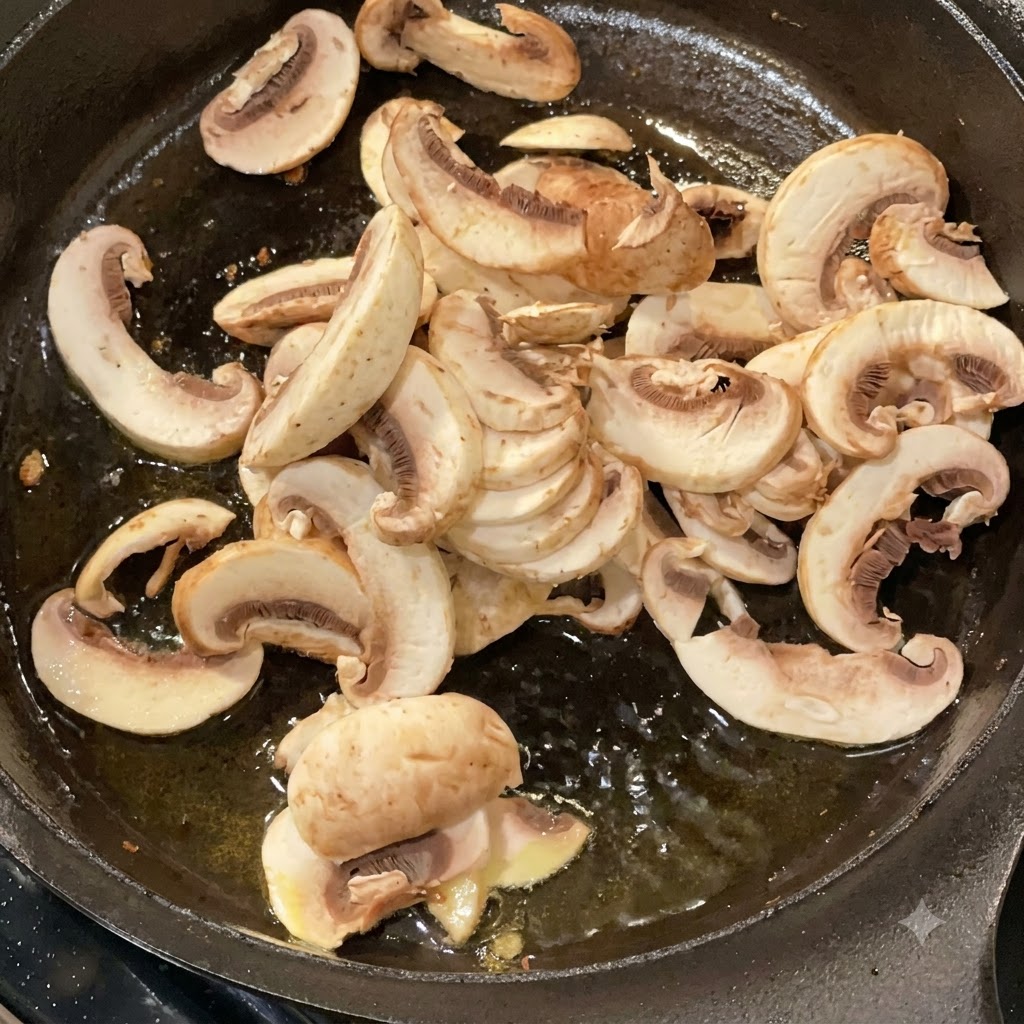 Fette di funghi champignon bianchi freschi che sfrigolano e cuociono in una padella di ghisa scura con olio.