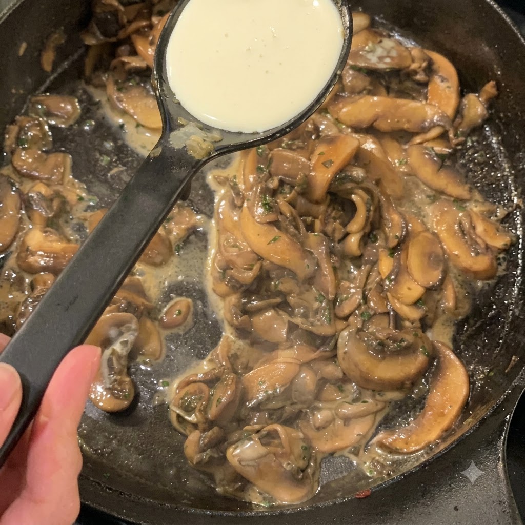 Un mestolo che versa la panna da cucina in una padella di funghi saltati e condimenti.