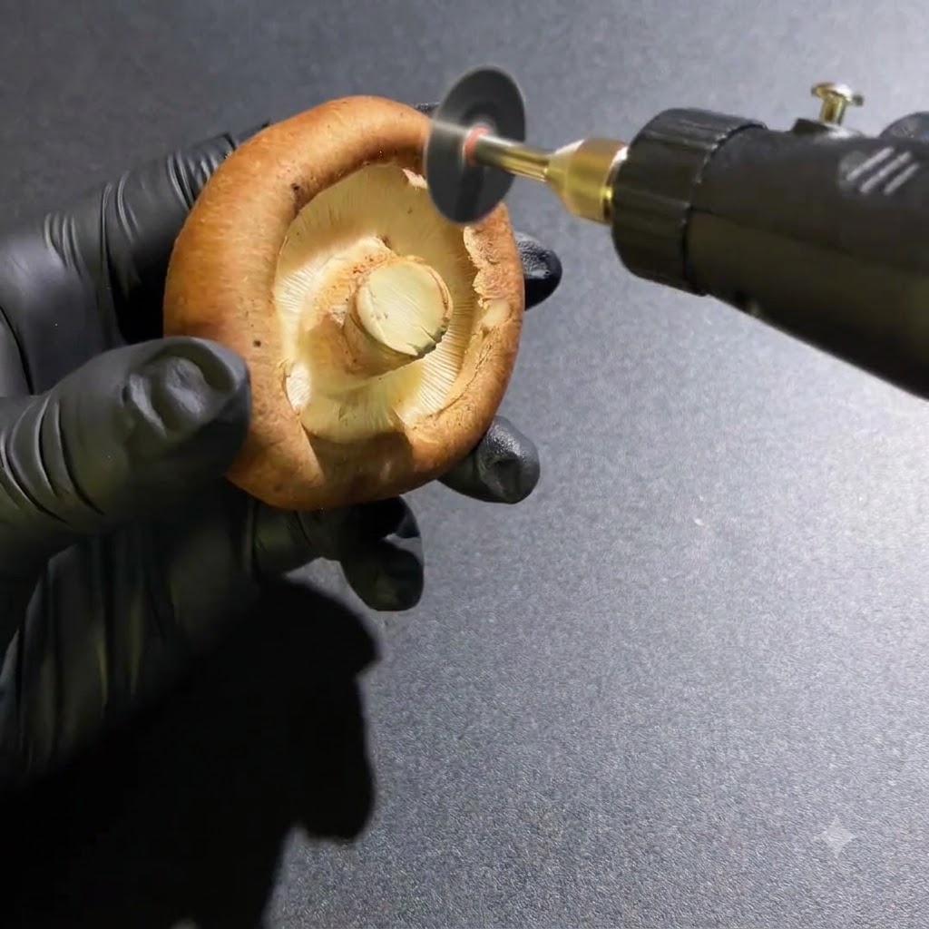 Mani con guanti che usano un utensile rotante per rifilare il gambo inferiore di un fungo fresco.