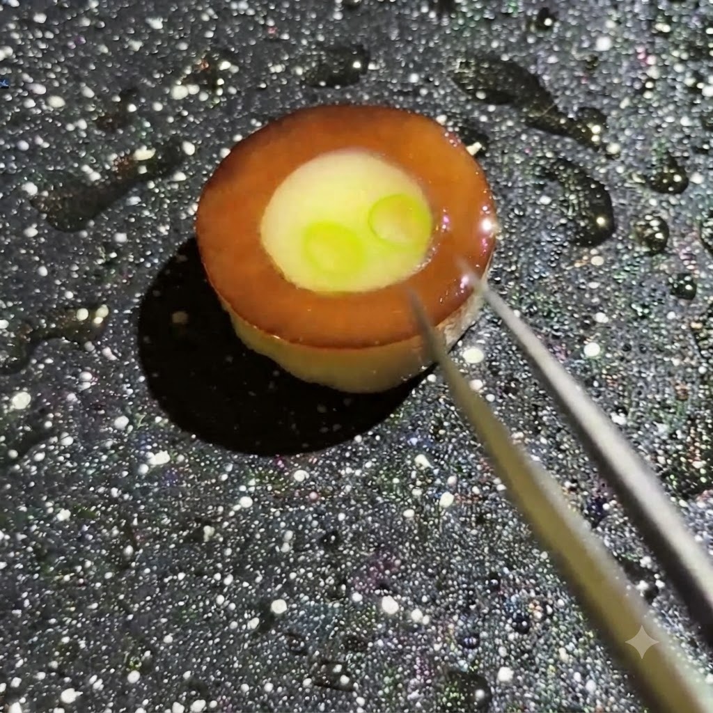 Vista ravvicinata di pinzette che posizionano meticolosamente piccoli pezzi di cipollotto verde sul ripieno di uovo liquido allinterno dellanello di fungo in padella.
