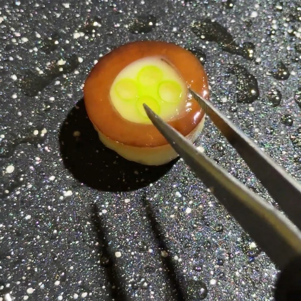 Un paio di pinzette che aggiungono prosciutto, cipolle e funghi colorati a cubetti sulla base di uovo e cipollotto allinterno dellanello di fungo.