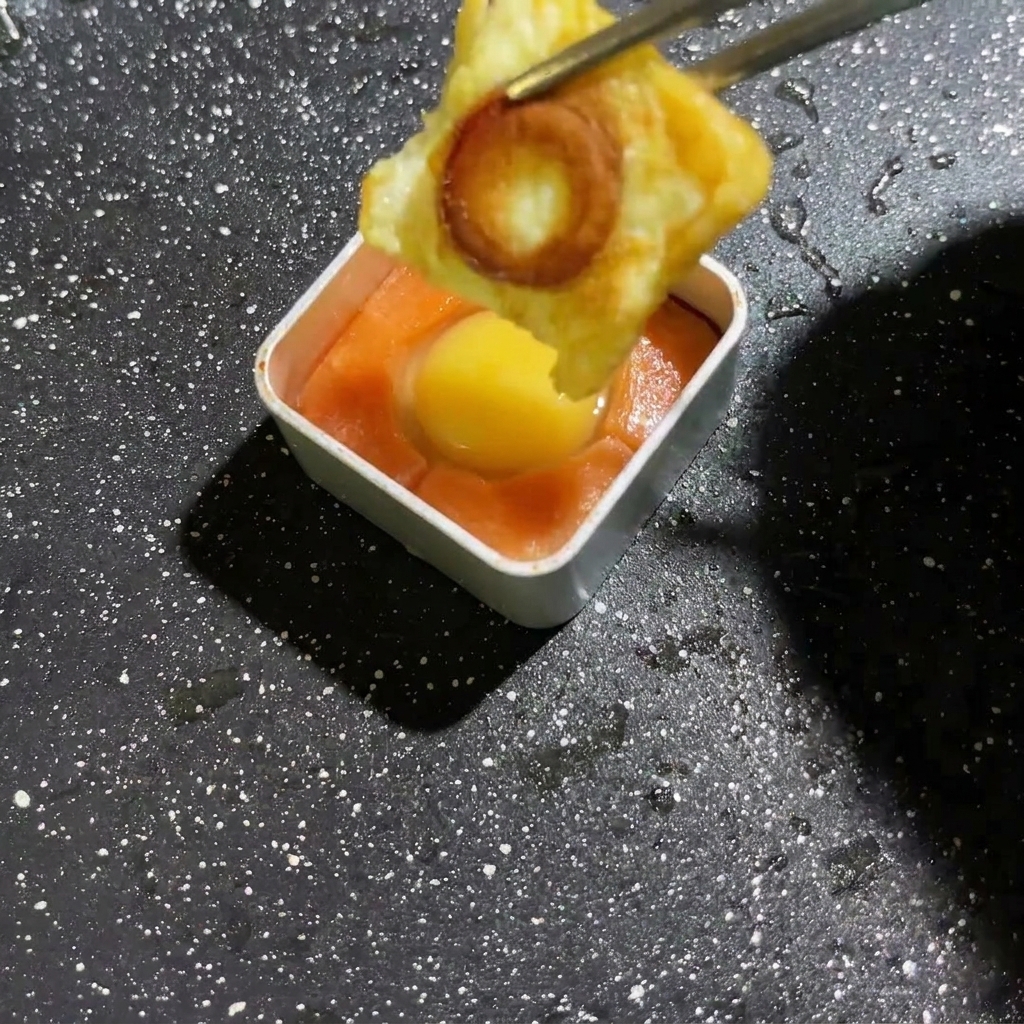 Liquido duovo che viene spremuto in uno stampo contenente un pezzo di fungo cotto.