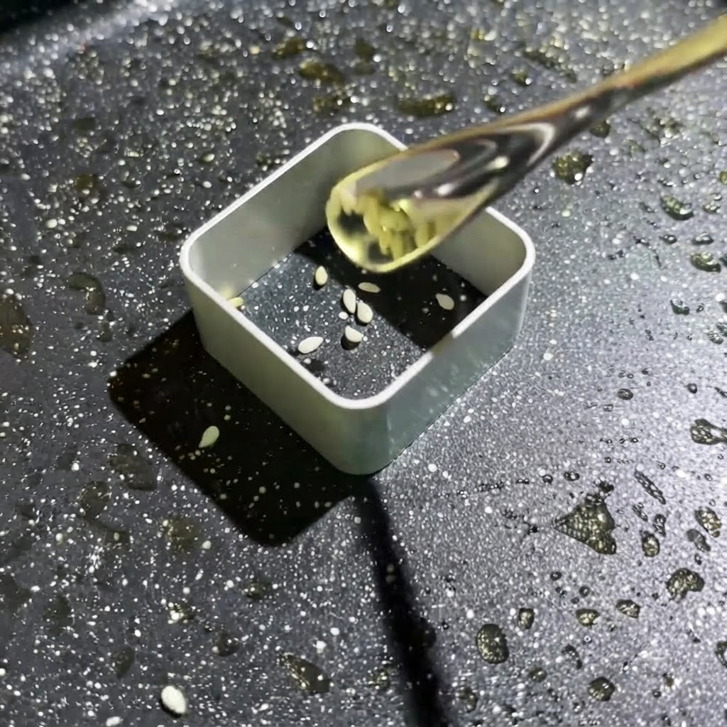 Pastella con semi di sesamo bianco spremuta in uno stampo quadrato.