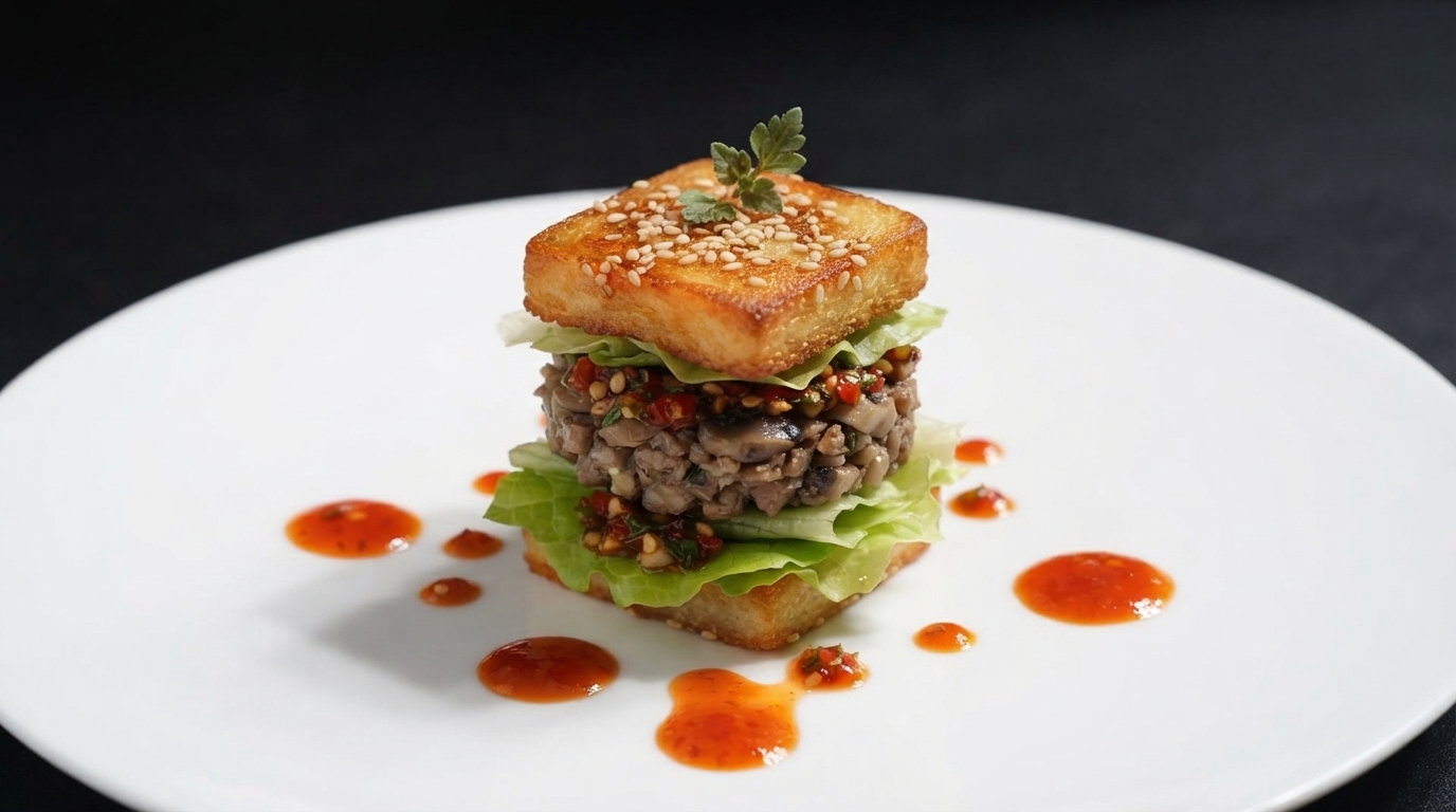 Un mini burger di uovo con un panino dorato al sesamo, lattuga fresca e strati saporiti su un piatto bianco immacolato.