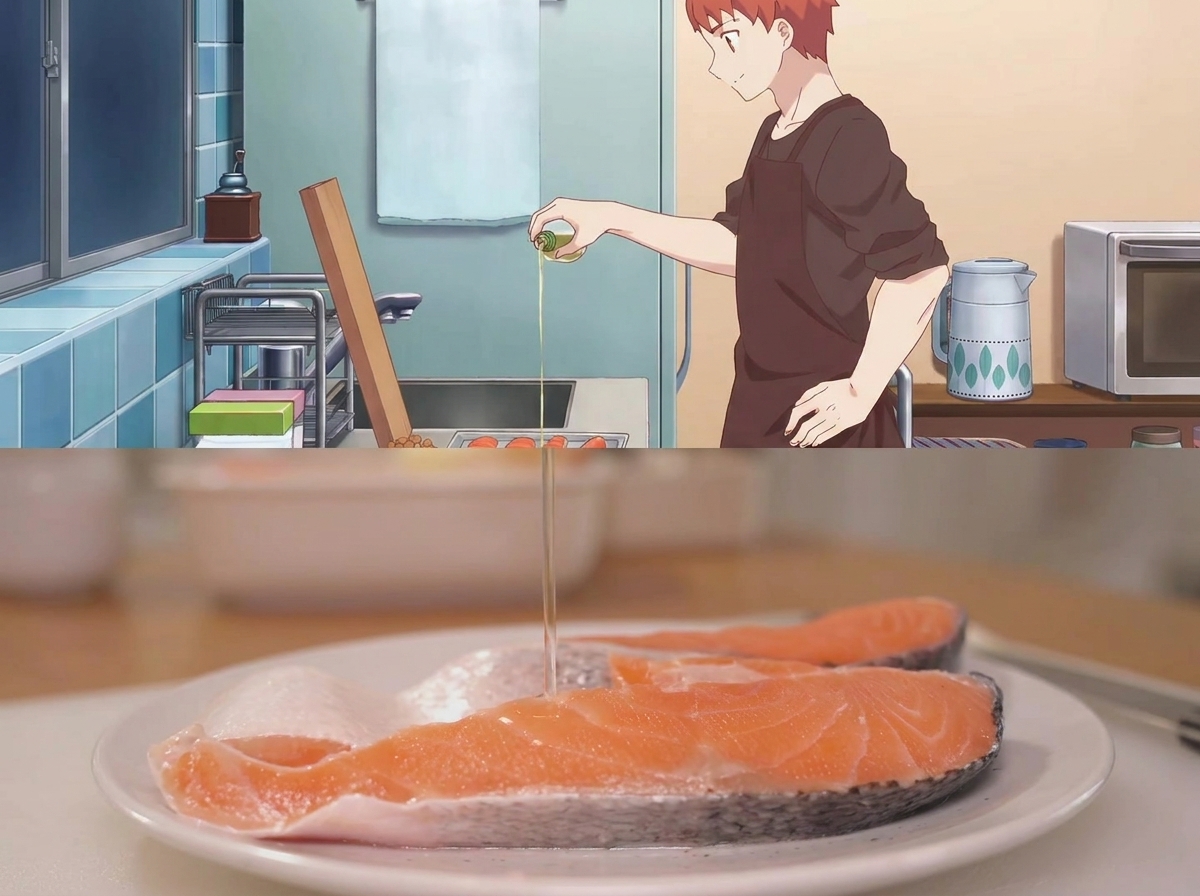 Sakè che viene versato da una piccola bottiglia su filetti di salmone crudo adagiati su un piatto bianco.