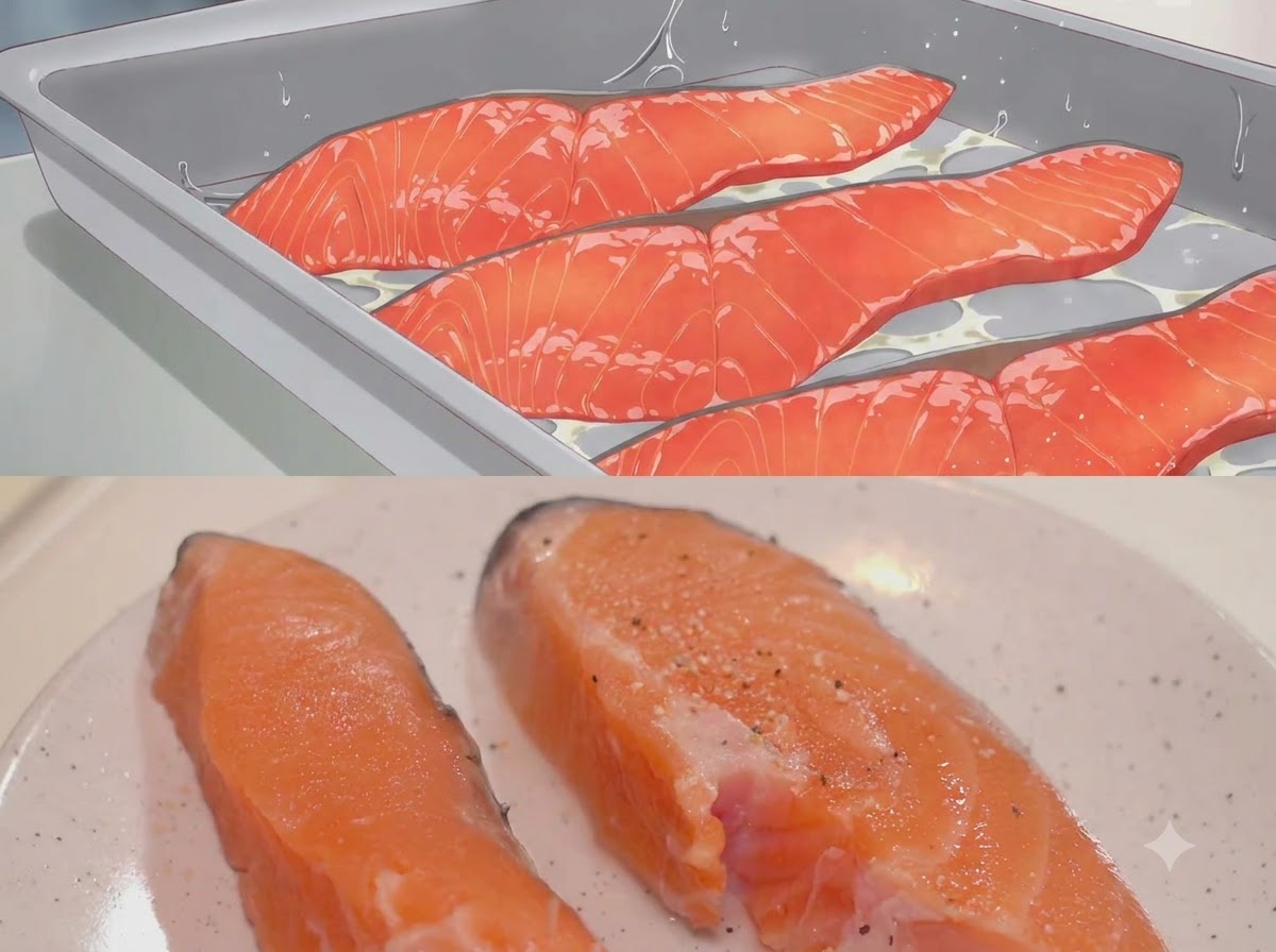 Primo piano di filetti di salmone conditi con un velo di sale e pepe nero.