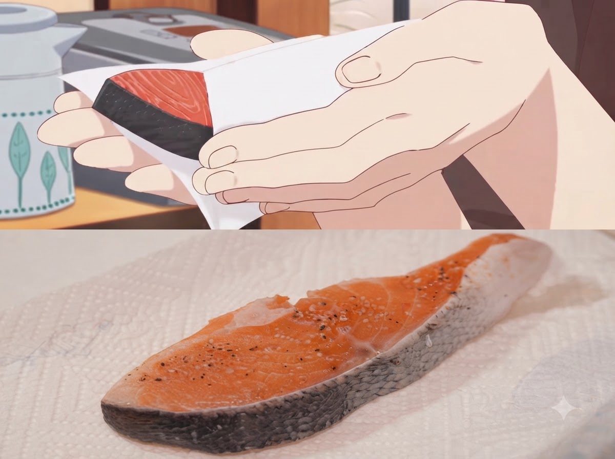 Un pezzo di salmone condito che viene asciugato con cura usando un foglio di carta da cucina.