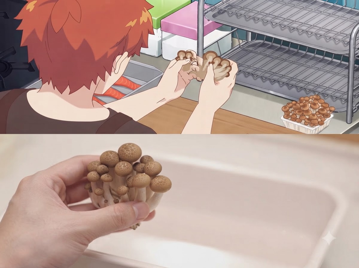 Mani che separano un cespo di funghi shimeji in porzioni più piccole.