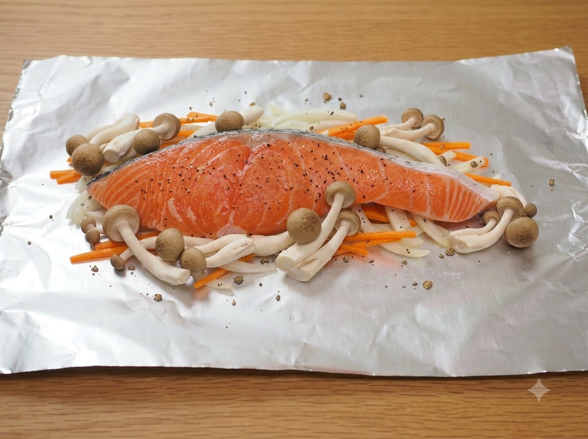 Filetto di salmone fresco posizionato al centro sopra uno strato di verdure con funghi shimeji marroni disposti intorno su foglio di alluminio.