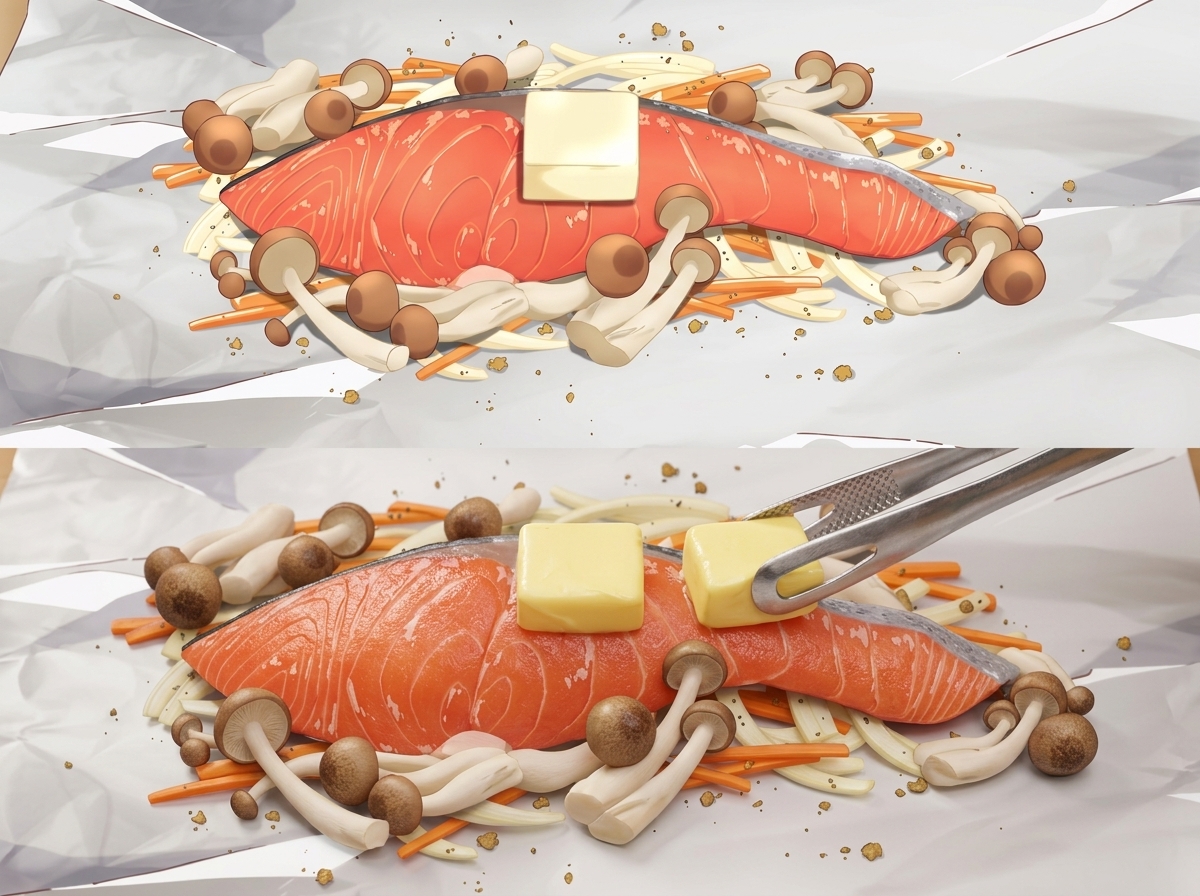 Un piccolo panetto di burro posizionato sulla superficie superiore di un filetto di salmone crudo usando pinze da cucina.