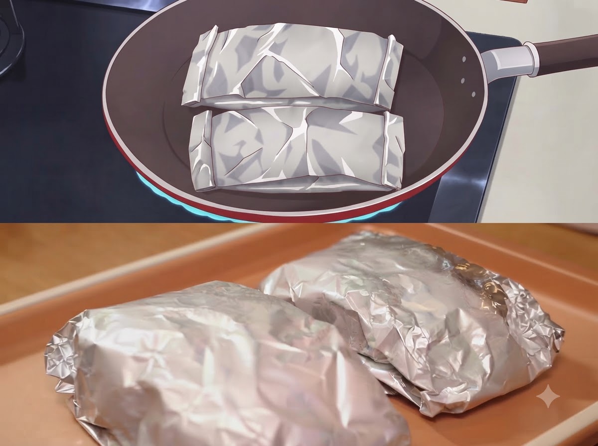 Cartocci di alluminio sigillati allinterno di una padella scura e su una teglia da forno.