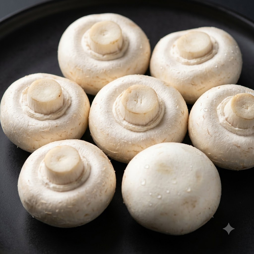 Funghi champignon bianchi interi e freschi disposti su un piatto scuro.