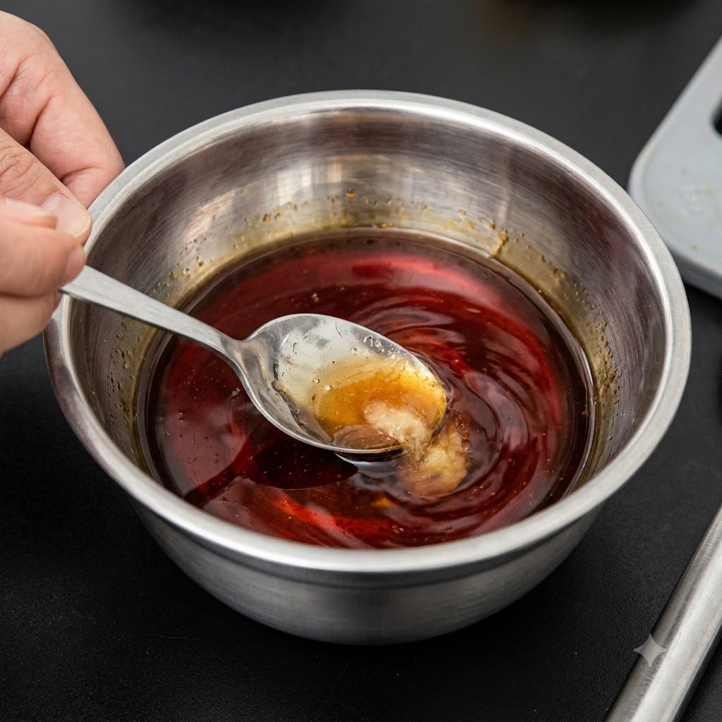 Salsa di soia e miele mescolati insieme in una ciotola di acciaio inossidabile con un cucchiaio.