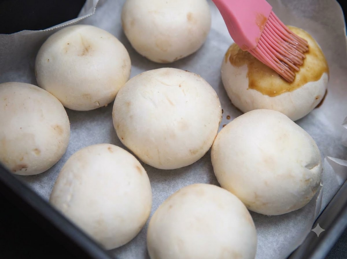 Un pennello da cucina in silicone rosa che applica salsa di soia e miele scura su cappelle di funghi champignon bianchi disposte su carta da forno allinterno di un cestello per friggitrice ad aria.