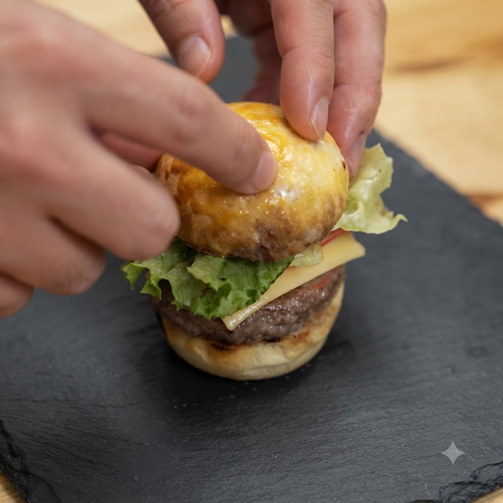 Due mani che tengono e fissano un mini burger di funghi assemblato con uno stuzzicadenti su un asse di ardesia scura.