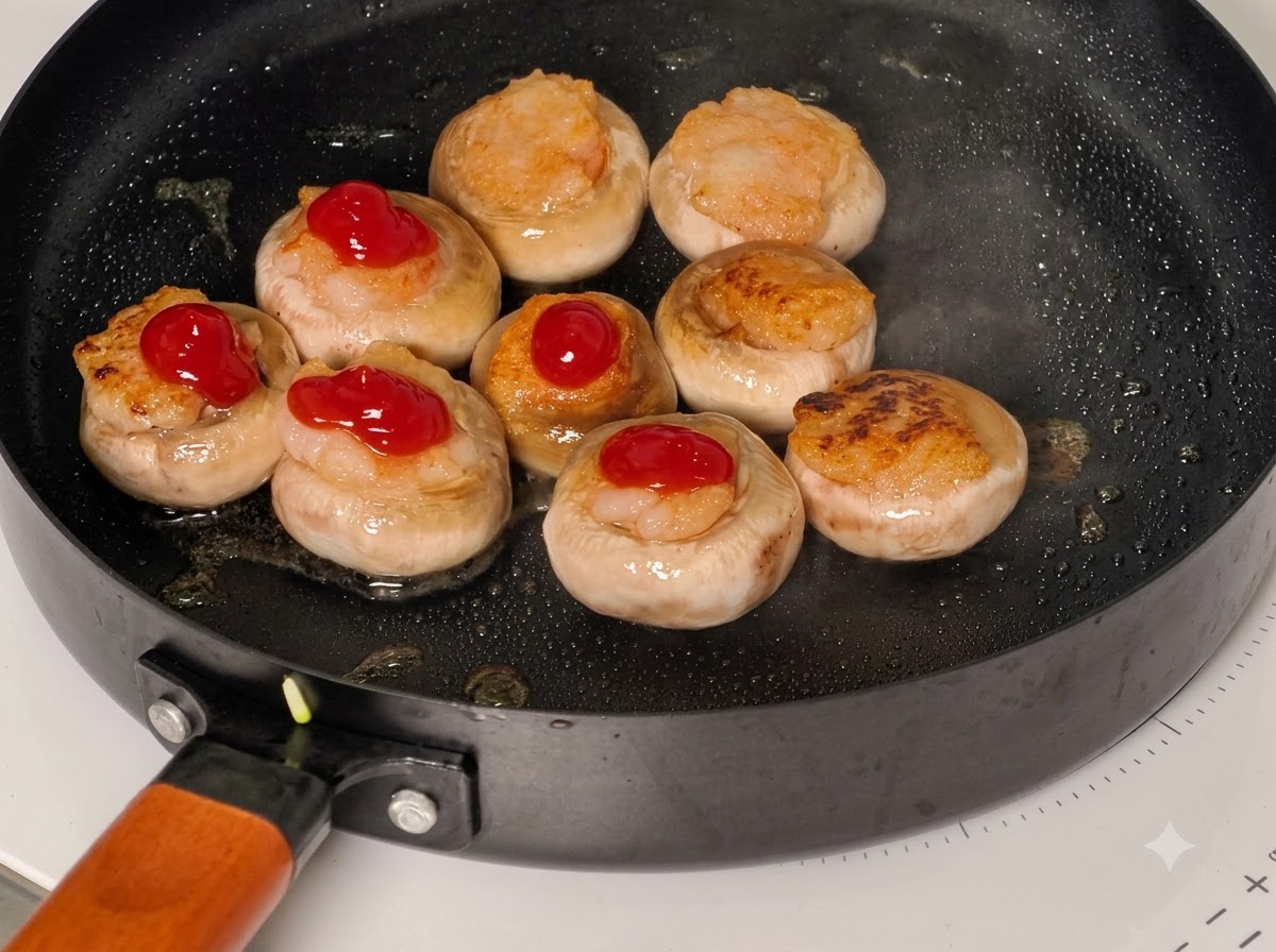 Fette di cetriolo, lattuga e pomodorini disposte a strati sulle cappelle dei funghi guarnite con ketchup in una padella.