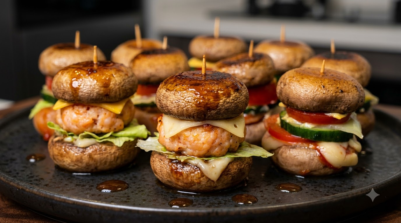 Mini Hamburger Gourmet di Funghi Ripieni di Gamberi