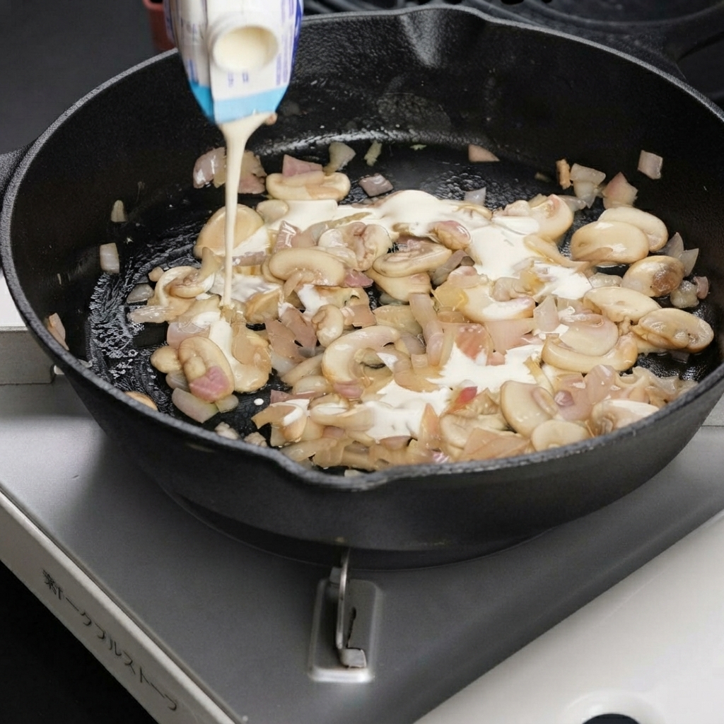 Panna versata da un contenitore in una padella contenente funghi e cipolle saltati.