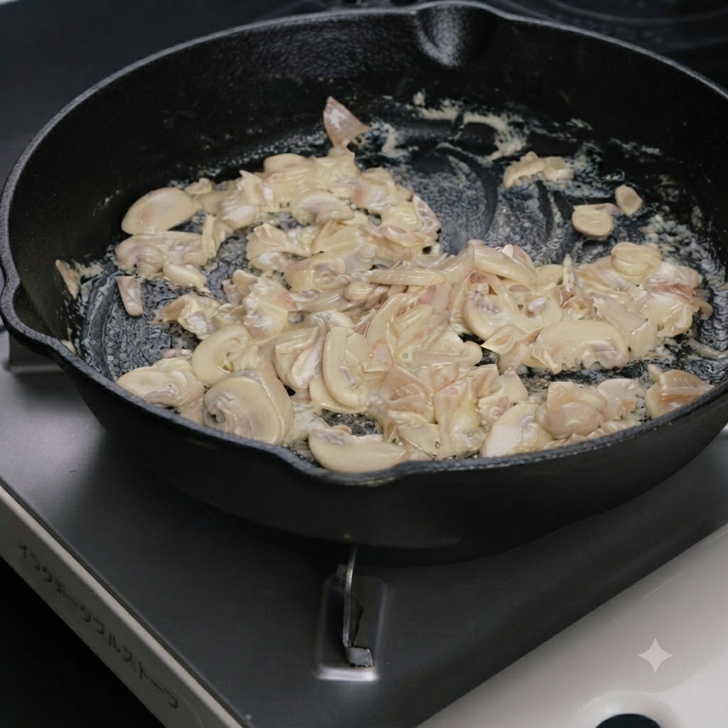Pepe nero macinato su una salsa cremosa di funghi in ebollizione in una padella.