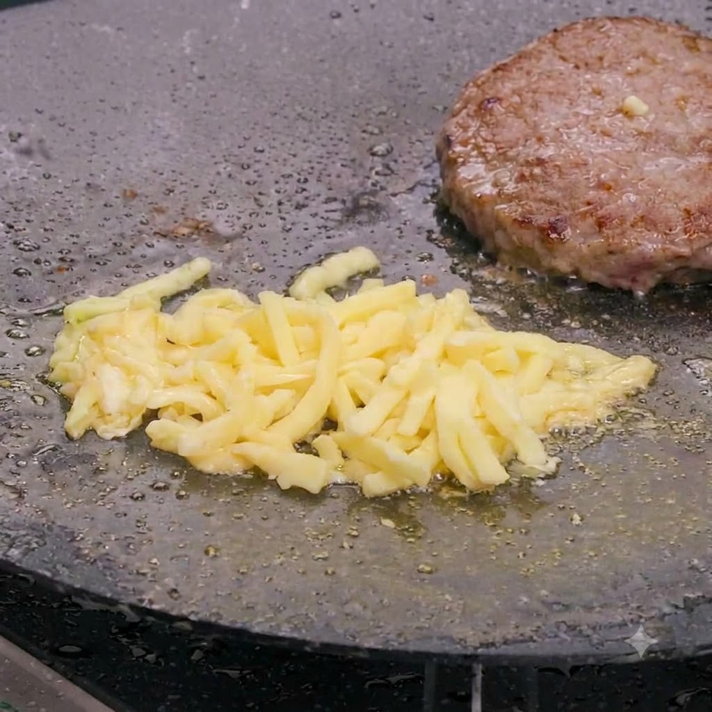 Formaggio mozzarella grattugiato che si scioglie morbidamente sopra un patty di manzo caldo in una padella.