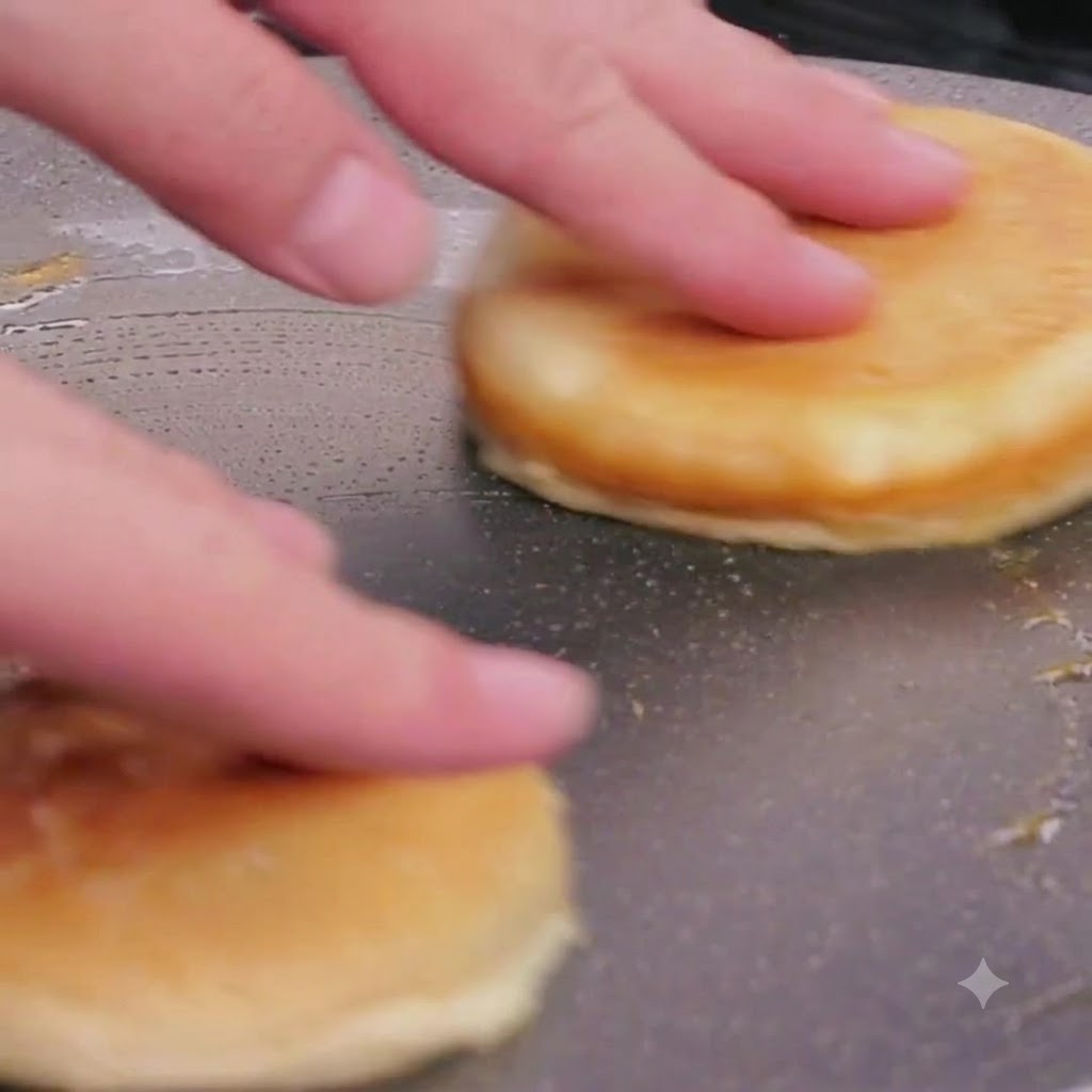 Metà di panini per hamburger tostate a faccia in giù nei succhi della padella a fuoco basso.