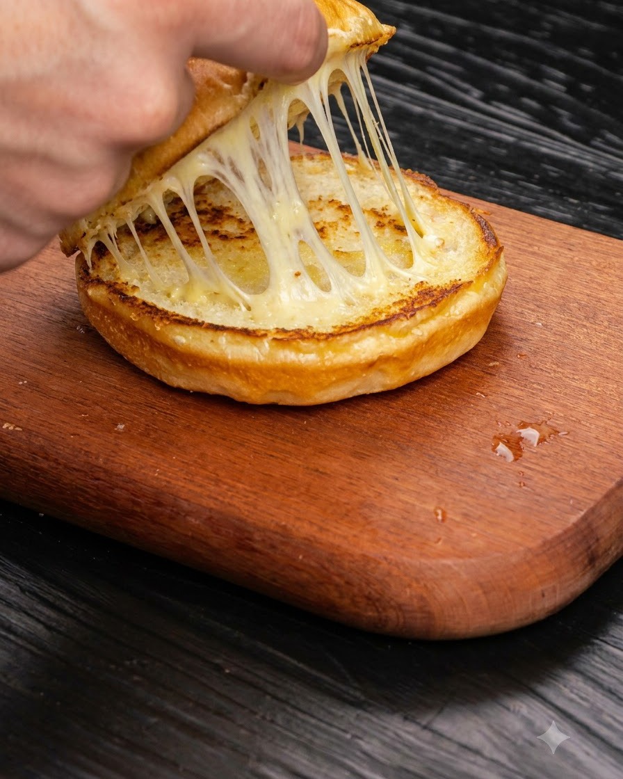 Un patty di manzo con formaggio trasferito su un panino per hamburger tostato su un tagliere di legno.