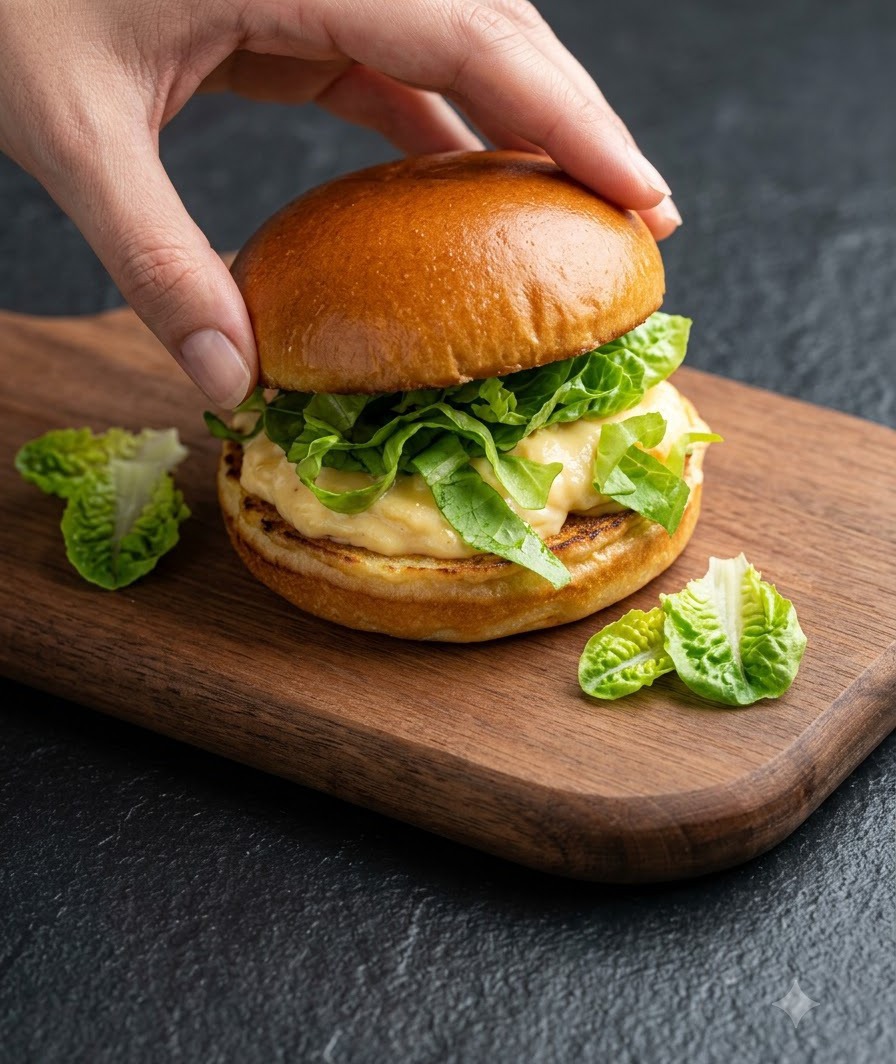 Una mano che tiene il panino superiore appena sopra gli strati assemblati dellhamburger con salsa cremosa e lattuga su un tagliere di legno.