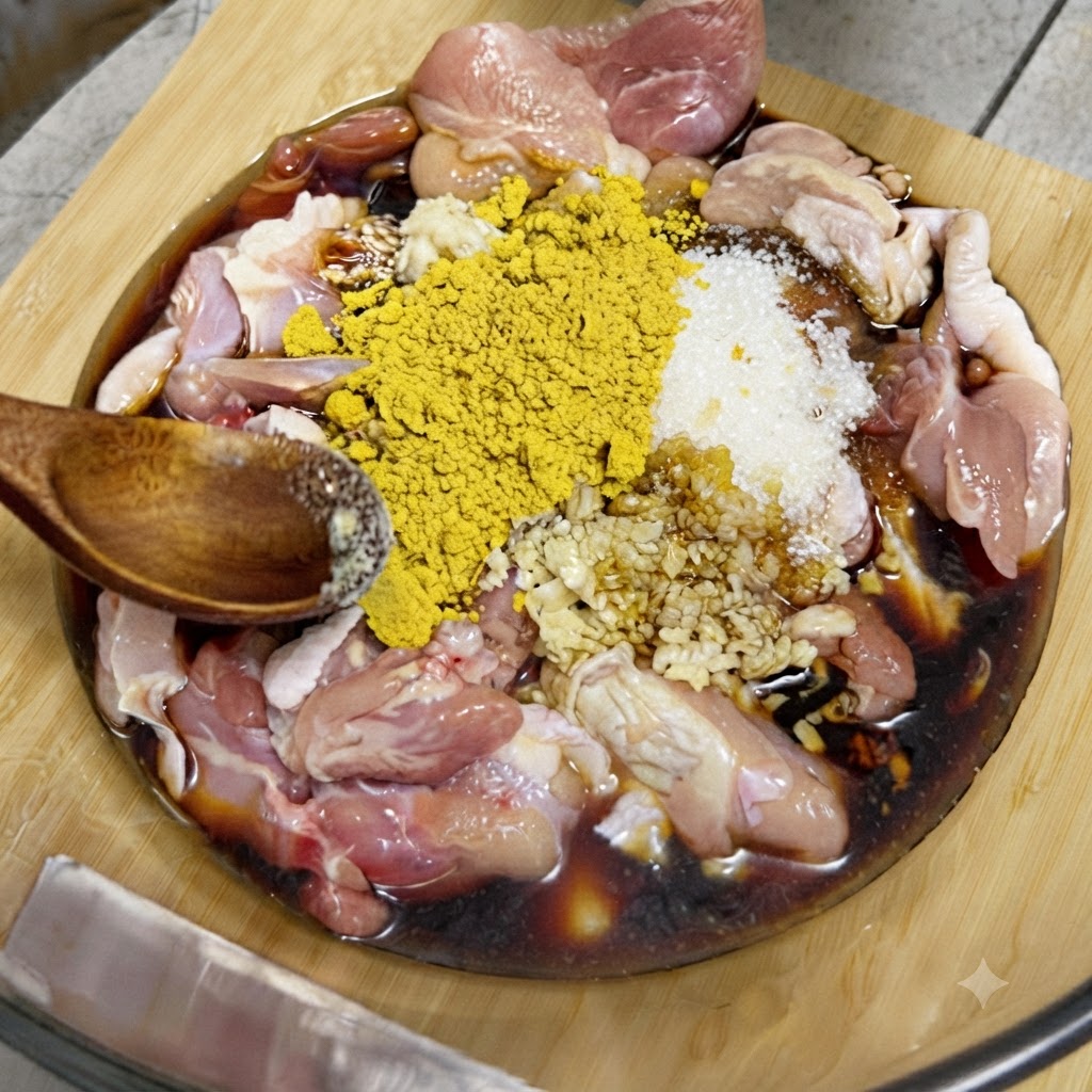 Un mucchio di curry in polvere giallo e aglio tritato aggiunto sopra il pollo crudo e la salsa in una ciotola di vetro.