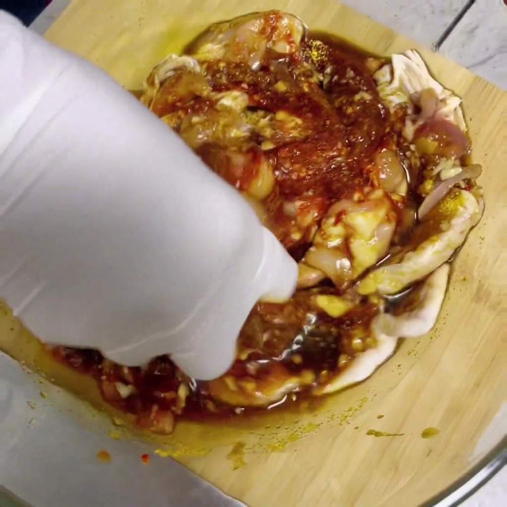 Una mano con un guanto bianco che mescola pezzi di pollo crudo e salsa di marinata rossa in una ciotola di vetro.
