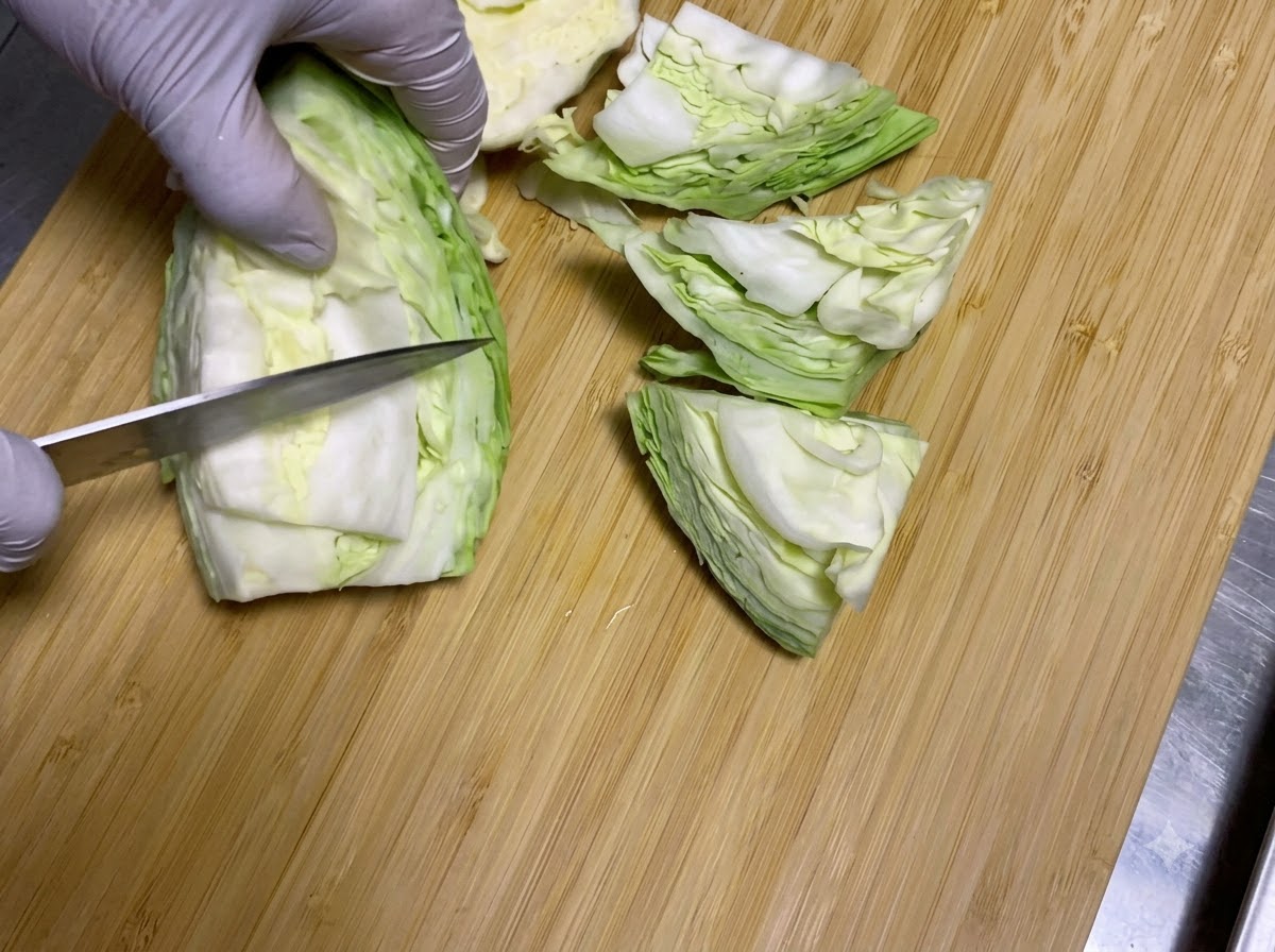 Un coltello da chef che taglia un cespo di cavolo verza crudo in grandi spicchi su un tagliere di legno.