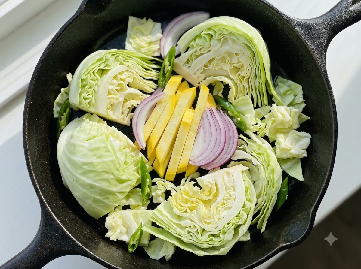 Pezzi di cavolo tagliati freschi, cipolle rosse affettate, porri e bastoncini di patata dolce gialla disposti in una padella di ghisa.